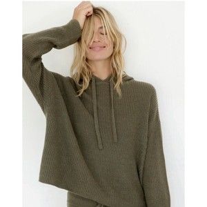 Jenni Kayne Alpaca Wool Blend Ribbed Fisherman Hoodie Olive Green Size Medium